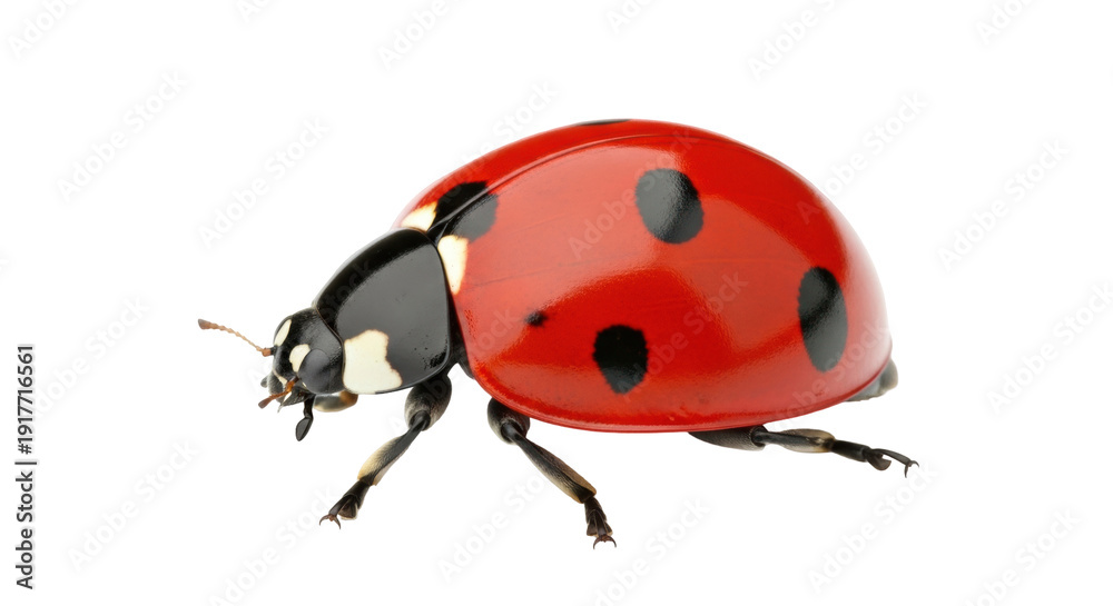 Fototapeta premium Isolated seven-spot ladybug, red beetle with black spots on its elytra, crawling insect closeup