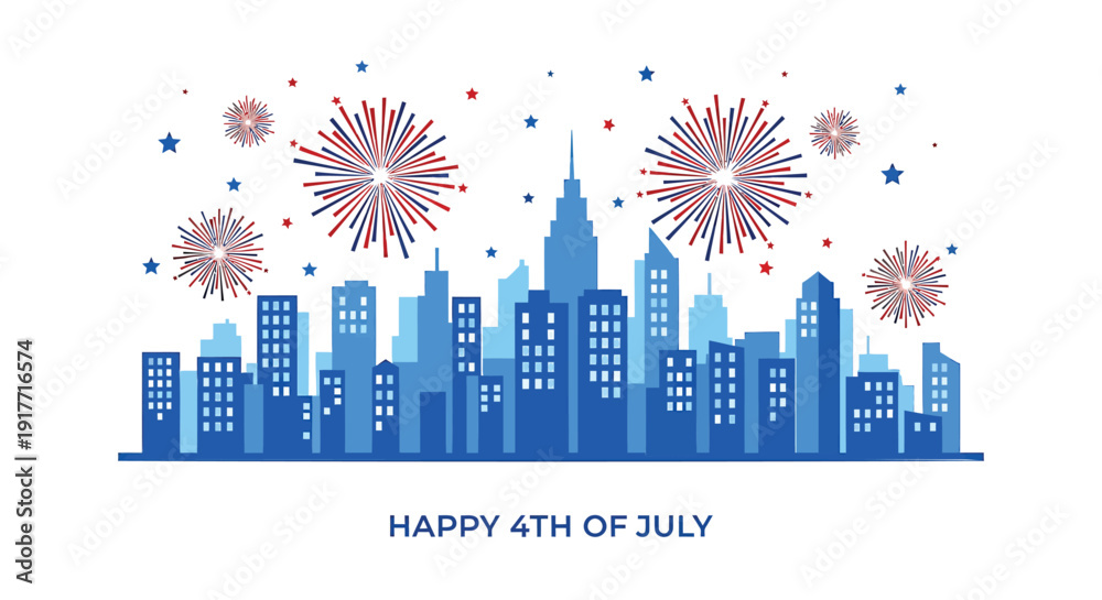 Fototapeta premium American Independence Day city skyline icon with fireworks, Happy 4th of July celebration vector graphic.