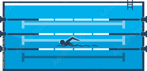 Professional 2D flat vector illustration of a competitive swimming pool with lane markers and a swimmer. Ideal for aquatic center branding, swim team logos, and sports facility digital graphic assets.