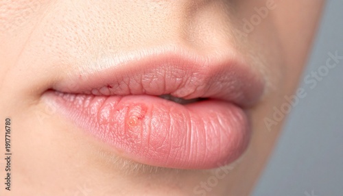 macro photograph of a human lip showing visible signs of localized inflammation and a small sore lesion.