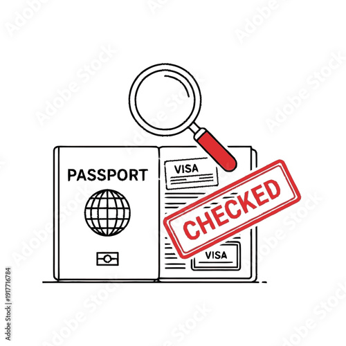 Passport and Visa Checked with Magnifying Glass.
