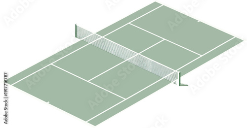 Professional 3D vector illustration of a green tennis court with a white net. High-quality athletic facility design ideal for tennis club branding, tournament posters, and sports graphic assets.