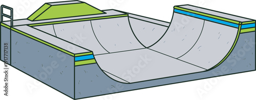 Professional 3D vector illustration of a grey concrete skateboard halfpipe with vibrant lime and blue accents. High-quality skate park design ideal for extreme sports branding and urban recreation use