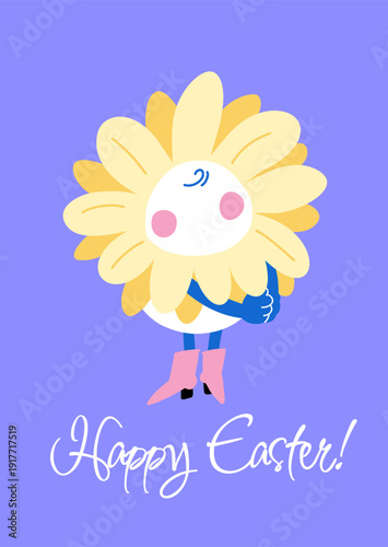 Cute shy egg in a yellow flower costume and boots on a purple background, Happy Easter card