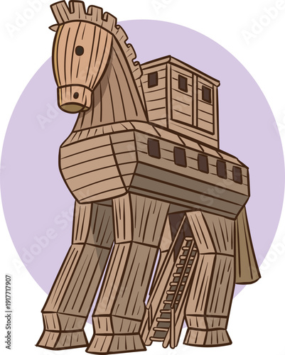 Trojan Horse Vector Illustration, Flat Design, Ancient Greece, Wooden Structure.