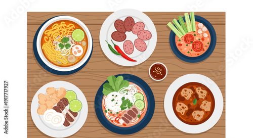 An Assortment Of Delicious Food Bowls And Plates On A Wooden Surface