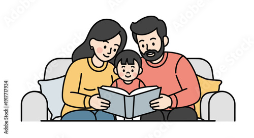 Cartoon style illustration of a family reading together on a sofa, depicting a happy family moment. Great for educational content, children's books, and family related designs.