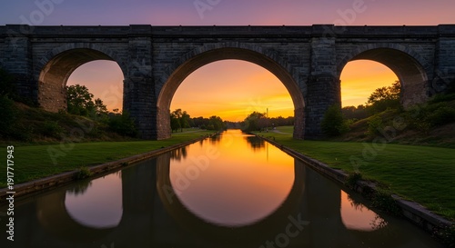 Stone bridge arches over a reflective canal at sunset, framing a vibrant sky