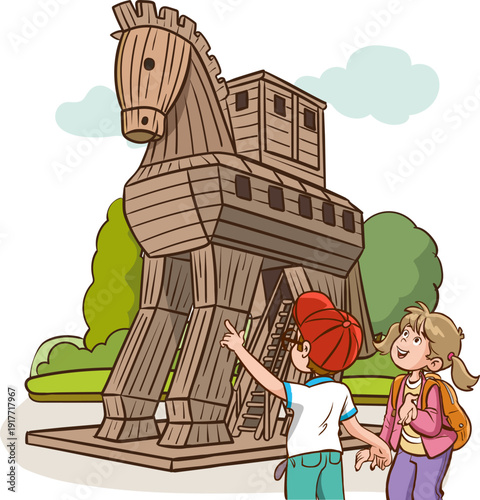 Tourist children visiting the Trojan Horse