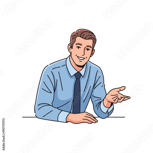 A smiling businessman in a blue shirt and tie gesturing with his hand in a professional setting