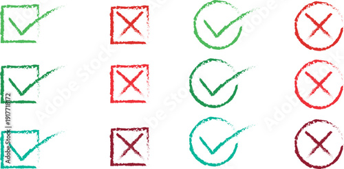 Hand-drawn check marks and crosses in green and red colors, representing choice, validation, or rejection, on white