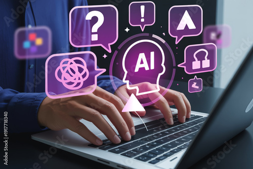 Person uses laptop, interacting with artificial intelligence for problem solving and innovative ideas