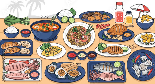 Assortment of Delicious Asian Cuisine Dishes Served on Plates with Spices and Rice