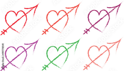 Hearts pierced by arrows in vibrant red, purple, pink, green, and coral, representing love and romance, hand-drawn style