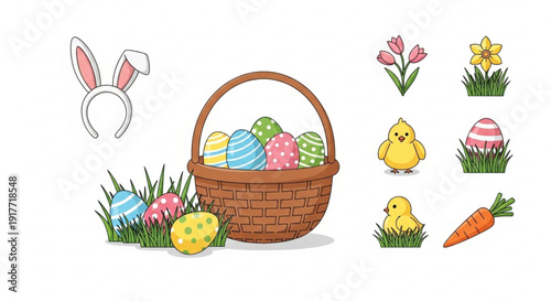 Easter basket with colorful eggs chicks and flowers on grass background