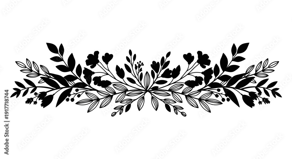 Fototapeta premium Black Floral Botanical Decorative Border with Leaves and Branches – Elegant Nature Inspired Horizontal Ornament Illustration for Wedding Invitations, Certificates and Luxury Branding Designs