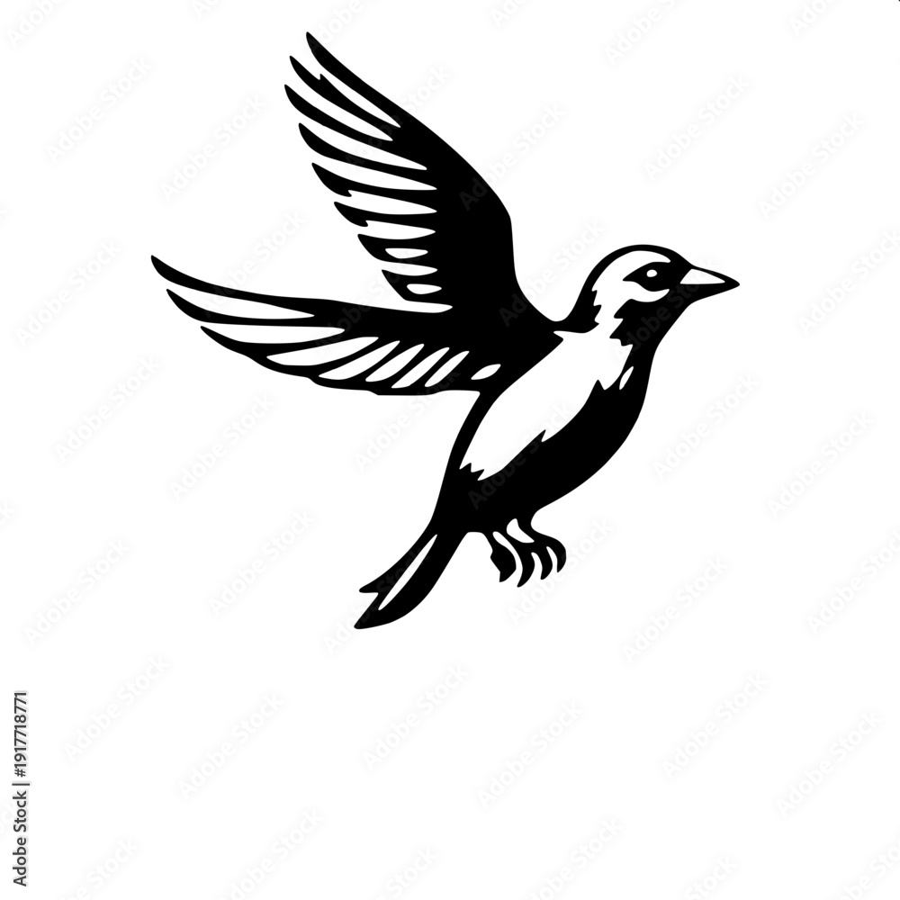 Obraz premium Detailed bird logo illustration with stylized wing feathers, branch perch, monochrome vector design