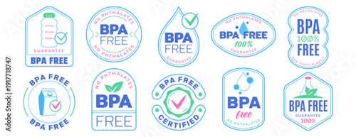 Bpa free guarantee badge logo vector set. No bisphenol and phthalates blue outline icons for health and safety. Eco friendly product label design with water drop, plastic, tick sign. Non toxic sticker