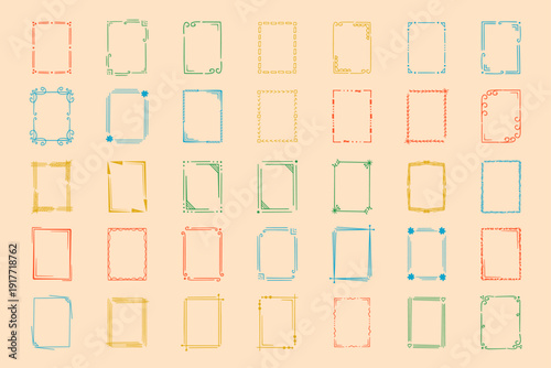 Rectangular doodle frame stamp set, hand-drawn original creative engagement monograms. Edgings cadres with graphic elements, design photo decoration greeting cadres. Isolated. Vector illustration