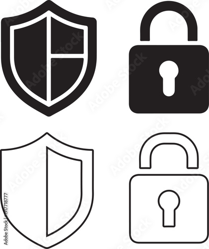 Vector protection silhouette icon set featuring shield, security, safety and defense symbols in solid style