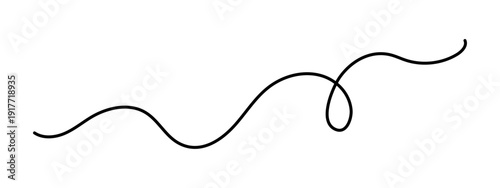 Wavy curly stroke one line art, hand drawn scribbly dividing loop element drawing continuous contour. Twiddle swirl separator curve strip, volutes and tendril design. Isolated. Editable stroke. Vector