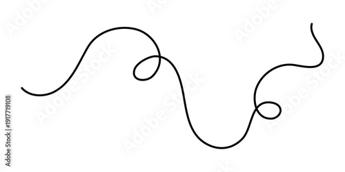 Wavy curly stroke one line art, hand drawn scribbly dividing loop element drawing continuous contour. Twiddle swirl separator curve strip, volutes and tendril design. Isolated. Editable stroke. Vector