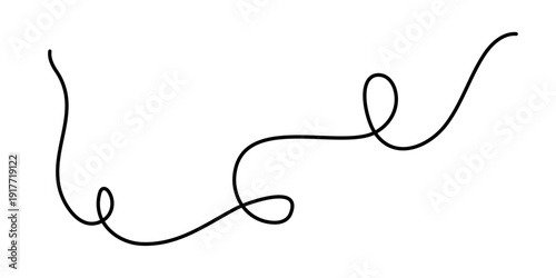 Wavy curly stroke one line art, hand drawn scribbly dividing loop element drawing continuous contour. Twiddle swirl separator curve strip, volutes and tendril design. Isolated. Editable stroke. Vector