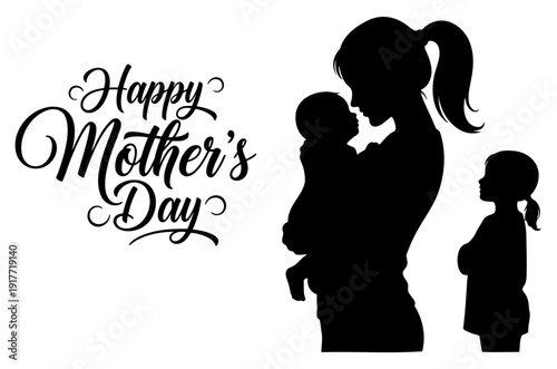 Happy mothers day silhouette of mom holding baby and daughter vector