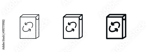 Laundry detergent box with a circular refresh symbol on the front. Icon in thin, regular, bold outline styles. Washing powder packaging and household cleaning products concept. Vector illustration