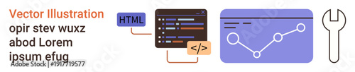 Web development, coding, data science, analytics, programming, technology. A screen with HTML code, graphs and a wrench icon. Web development and coding concept