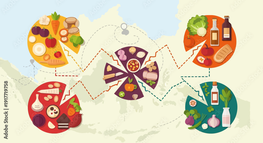Fototapeta premium Food groups and nutrition concept with map background
