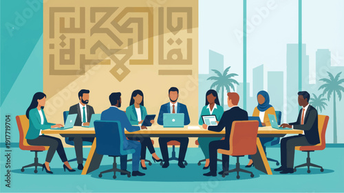 Business team meeting around wooden table in modern office with skyline view