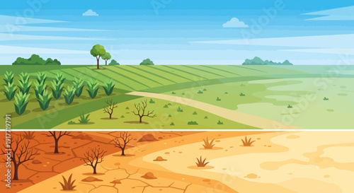 Desertification process from fertile land to arid landscape