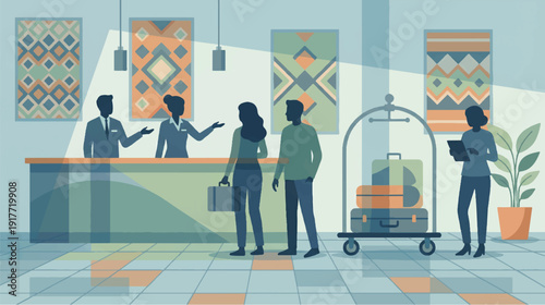 Business couple checking in at hotel reception desk with luggage cart and briefcase