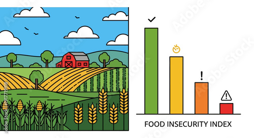 Food insecurity index and farm landscape illustration