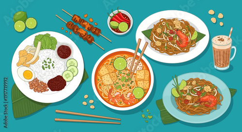 A Delicious Overhead View of Southeast Asian Cuisine Served on Plates