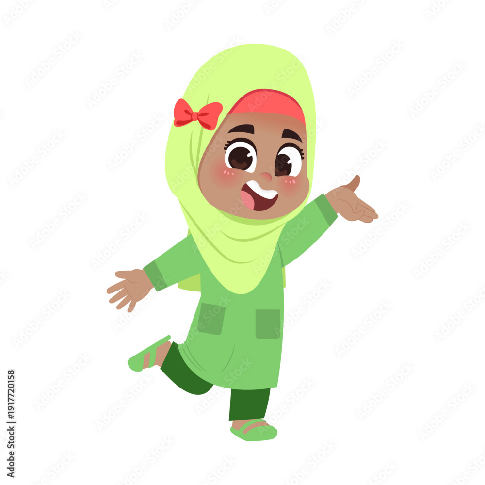 Fototapeta premium Muslim Girl Green Outfit Presenting With One Leg Up