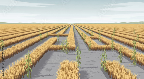 Maze in flooded rice field with green plants