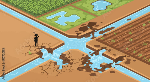 Drought landscape with cracked earth and divided fields