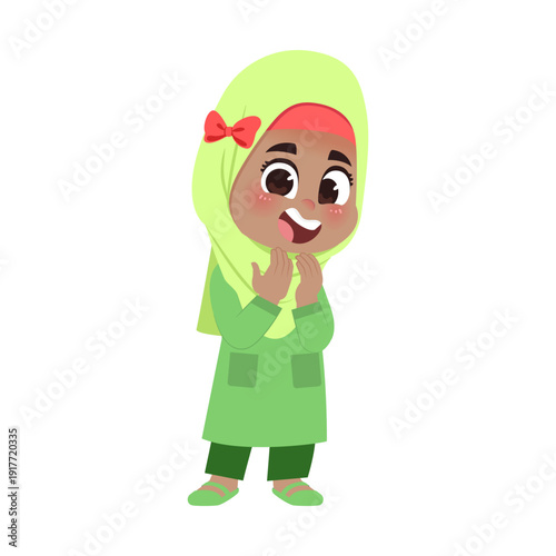 Muslim Girl Green Outfit Standing With Hand Prayer