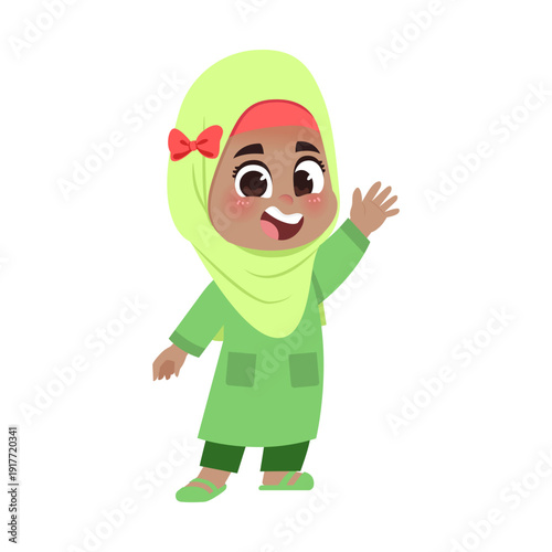 Muslim Girl Green Outfit Waving Hand Portrait