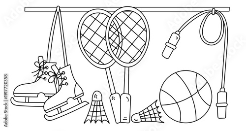 Skates, Ball, Jump Rope, And Badminton Set In Action With A Coloring Page For Kids
