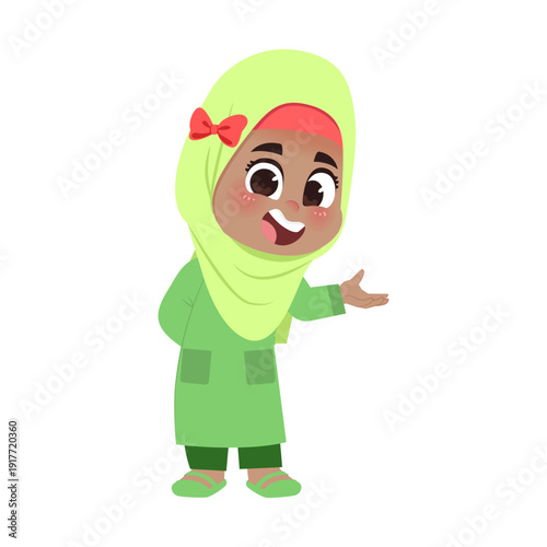 Muslim Girl Green Outfit Welcoming Hand Behind