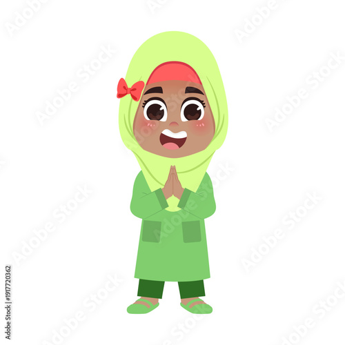 Muslim Girl Green Outfit Welcoming Muslim Pose