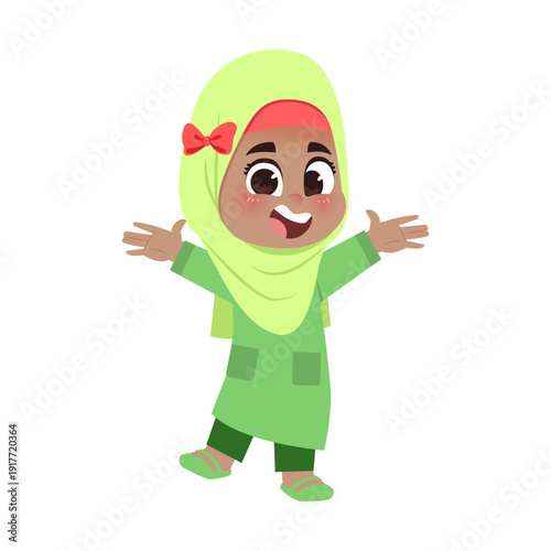 Muslim Girl Green Outfit Welcome Two Hands Open Up