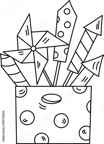 Coloring Page For Kids Featuring A Box Filled With Fireworks