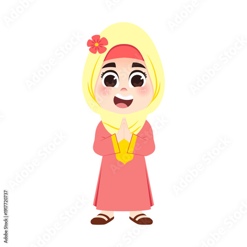 Muslim Girl Red Dress Welcoming Muslim Pose