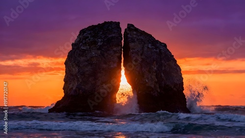 Dramatic sunset over the ocean with a split rock formation and crashing waves