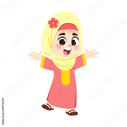Muslim Girl Red Dress Welcoming Two Hands Open Up