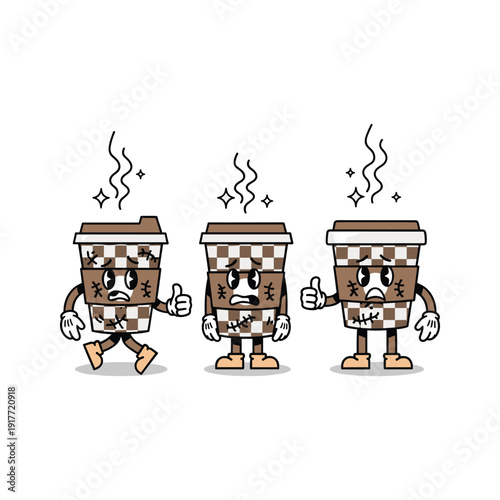 Cartoon coffee cups with different emotions and checkered pattern on white background